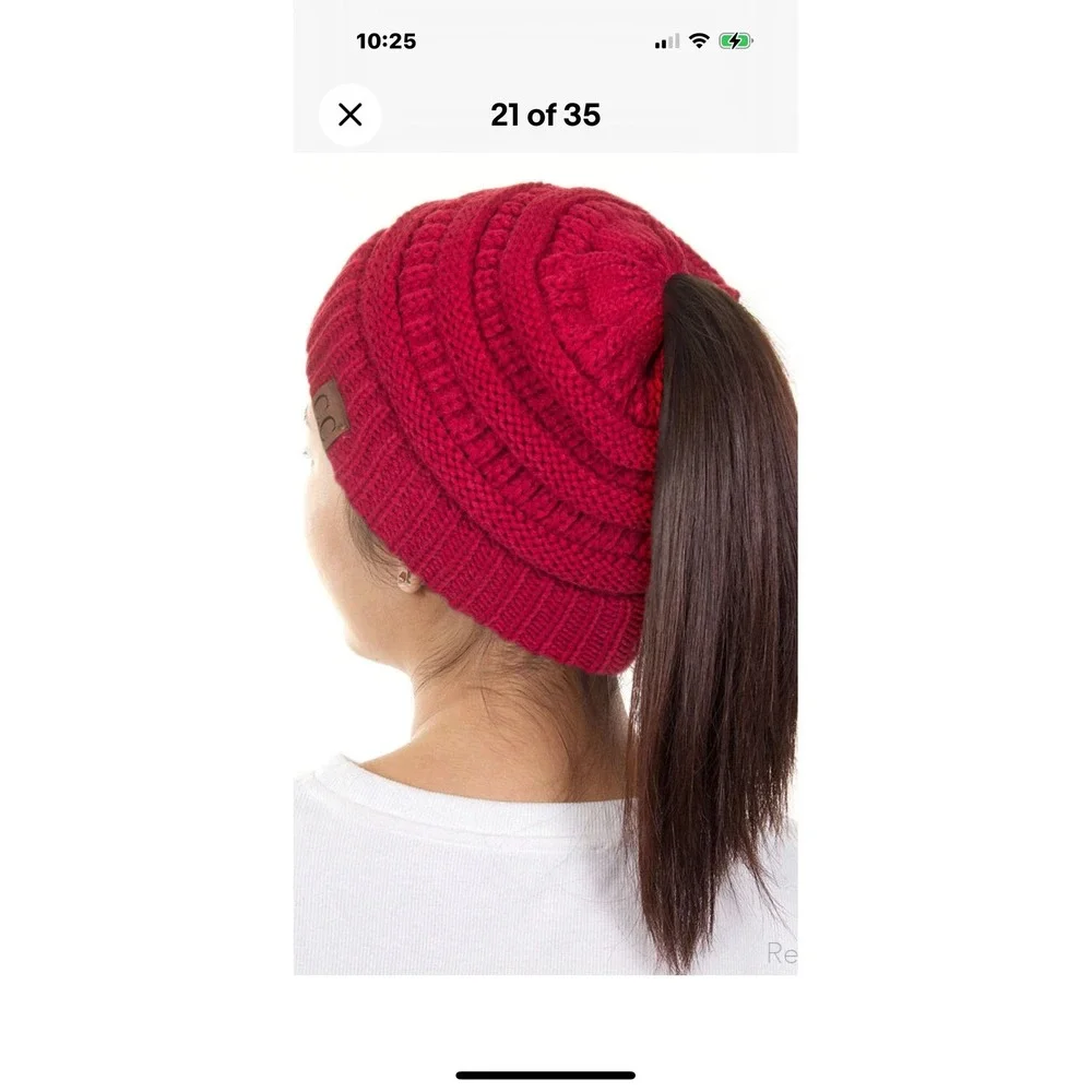 Red CC Slouchy Beanie Hat Pony Tail Cut‎ Out Knit Cuffed Logo Patch Winter Warm